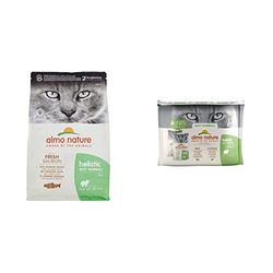 Almo Nature Holistic Anti-Hairball Adult Cat Completo Cibo secco con salmone fresco - 2Kg & Holistic Anti Hairball Multipack con Manzo & con Pollo Cibo Umido Gatto Adulto 6 x 70g cad (Buste)