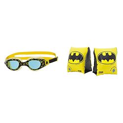 Zoggs Kids' DC Super Heroes Batman Printed Swimming Goggles, Black/Yellow/Blue, 0-14 Years & Kids' DC Super Heroes Inflatable Swimming Armbands, Batman, Wonder Woman, Superman, Black/Yellow, 2-6 Years
