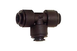 T-connector POM, voor buitenslang Ø 12 mm, werkdruk max. 10 bar.