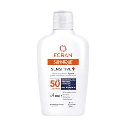 Ecran Sunnique Sensitive - lätt skyddande mjölk för känslig hud SPF 50+, formula med panthenol, vattentät, parfym- och alkoholfri för känslig hud | 200 ml