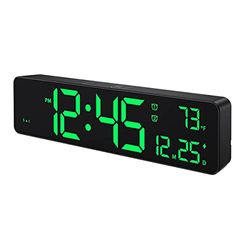 Kavylany Reloj de pared digital, pantalla LED con números grandes, doble despertador, atenuación automática, 12/24 horas, reloj de pared silencioso para, verde