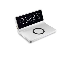 WE Despertador con Cargador de inducción de 15 W MAX, Doble Alarma, luz Ajustable, 1 Puerto USB para Carga, visualización de Hora, Temperatura Interior y Fecha