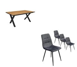 Skraut Home - Set Mobili, Tavolo da pranzo | 170 | Rovere e nero | industriale, Tavolo, Pack di 4 sedie da pranzo | Sedia imbottita