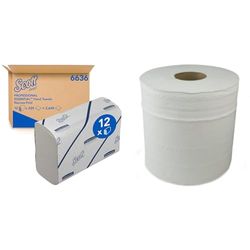 Scott Essential Hand Towels 6636 - Narrow-Fold Paper Hand Towels - 12 Clips x 220 White Paper Towels (2,640 Total) & Centre Feed Rolls White - Pack of 6 Paper Towel, Hand Towel