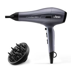 Ufesa X-Treme Boost Asciugatore ionico Professionale Motore AC Generatore di ioni da 2600 W, 2 velocità, 3 temperature, Rivestimento con olio di Argan, Diffusore e concentratore, Colpo freddo