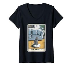 Mujer La Emperatriz Robot Aspirador Gato Tarjeta Tarot Divertido Gato Camiseta Cuello V
