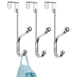 mDesign Over The Door Coat Hooks - 3 Over The Door Hooks for Coats, Jackets, Dressing Gowns and Towels - Coat Rack - Chrome