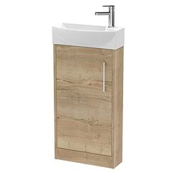 Hudson Reed JNU1821L Juno Compact Modern Cloakroom Floor Standing 1-Door Unit with 1 Tap Hole Left Hand Basin, 440mm, Woodgrain Autumn Oak