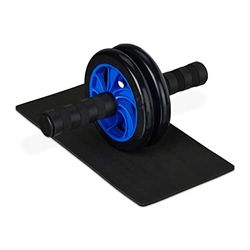 Relaxdays buikspiertrainer, fitnesswiel voor thuis, trainingswiel met kniemat, slipvast, rubber, in het zwart/blauw