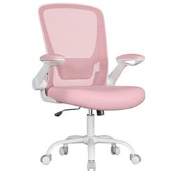 SONGMICS Silla de Oficina, Silla de Escritorio de Malla, Silla Giratoria Ergonómica, Soporte Lumbar, Oscilante, Asiento de 53 cm, Apoyabrazos Abatibles, Rosa Pastel OBN037R01