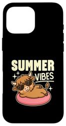 Carino Estate Vibes Kawaii Highland Mucca Su Un Tubo Piscina Tempo Custodia per iPhone 16 Pro Max