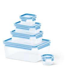 Emsa Clipe & Close Set de 5 conservadores plásticos térmicos, higiénico, não retém odores ou sabores 100% livre de BPA, transparente e azul, 0,15 L 0,25 L + 0,55 L + 1 L + 3,7 L
