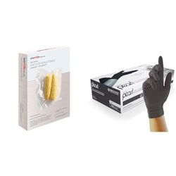 SousVideTools | Vacuum Sealer Bags | Pack of 100 | 25cm x 35cm | Embossed Food Storage & Unigloves Black Pearl Nitrile Examination Gloves - Multipurpose, Powder Free and Latex Free