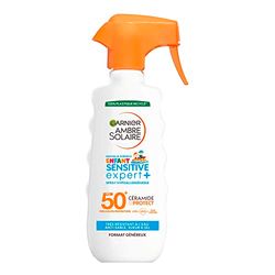 GARNIER Amber Solar, Expert+ Dziecięcy spray spustowy, wysoka ochrona przeciwsłoneczna FPS 50+, chroni przed długim promieniowaniem UVA, UVB i UVA, na bazie ceramidy, skóra wrażliwa, 270 ml