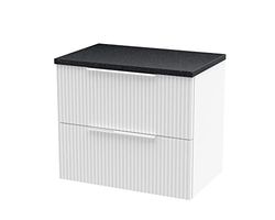 Hudson Reed DFF193LSB Fluted Modern Bathroom Wall Hung 2 Drawer Vanity Unit with Sparkle Black Laminate Worktop, 600mm, Satin White
