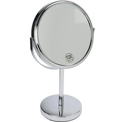 Fantasia - Specchio da terra rotondo, con ingrandimento normale e 10x, diametro 18 cm, altezza 32 cm, in metallo e argento