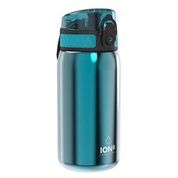 Ion8 Roestvrijstalen Kinderwaterfles, 400 ml/13 oz, Lekvrij, Makkelijk te Openen, Veilige Vergrendeling, Vaatwasserbestendig, Flipdop, Draaggreep, Duurzaam, Metalen Drinkfles, Aqua