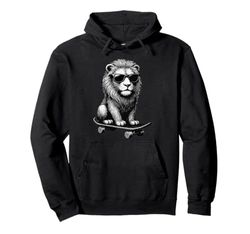Skateboarder Leone Che Indossa Occhiali da Sole Animal Skater Graphic Felpa con Cappuccio