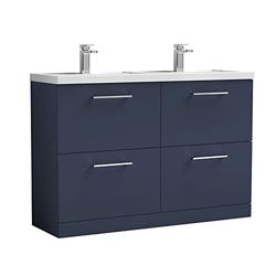 nuie ARN2933C Arno Modern Bathroom Floor Standing 4 Soft Close Drawer Vanity Unit and Double Polymarble Basin, 1200mm, Midnight Blue