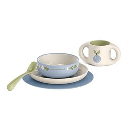 Suavinex, Vajilla Infantil de Aprendizaje para Bebés +6 Meses, Irrompible, Apta Para Lavavajillas y Microondas. Incluye: Taza + Plato + Bol + Mantel Antideslizante + Cuchara. Blanco Verde