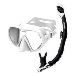 SEAC Set BIS Rondò Dry – Kit de Snorkeling pour Adultes avec Masque Monoverre Frameless en Verre Trempé et Tuba Dry Top avec Soupape de Purge, Embout Ergonomique en Silicone