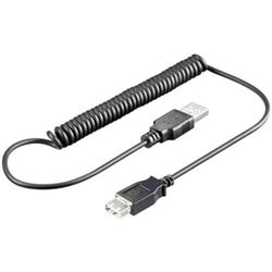 PremiumCord Spiraal USB 2.0 verlengkabel 1 m, datakabel High Speed tot 480 Mbit/s, oplaadkabel, USB 2.0 type A female naar stekker, 2x afgeschermd, kleur zwart, lengte 1m