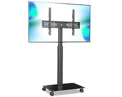 FITUEYES tv standaard verrijdbaar met 550×380mm vetro-voet voor 32-60 inch, Draaibaar & Hoogte verstelbaar universele tv stand trolley with wheel, Portable vloerstandaard op wielen Max VESA 600x400mm