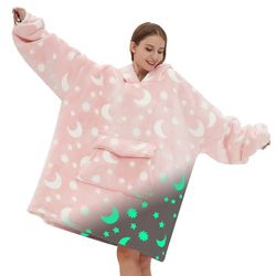 Mewkou Draagbare dekenhoodie voor dames en heren, oversized sherpa sweatshirt, draagbare deken, super warme flanellen deken met capuchon, Volwassen lichtgevende maan en sterren, Adult