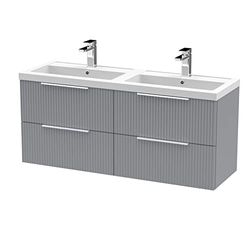 Hudson Reed DFF293C Fluted Modern Bathroom Wall Hung 4 Drawer Double Vanity Basin Unit with Twin Polymarble Basin, 1200mm, Satin Grey