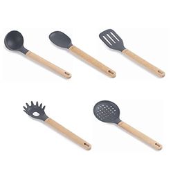 LACOR - 68190 - Set de 5 utensilios de cocina UNITE fabricados en silicona y madera de haya, Gris y madera, Libres de BPA (69190)