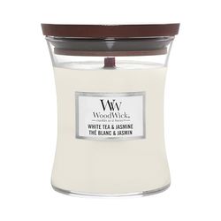 WoodWick jarre parfumée moyenne avec mèche en bois crépitante | Thé Blanc & Jasmin | Jusqu'à 60 heures de combustion