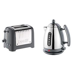 Dualit 2 Slice Lite Toaster | 1.1kW Toasts 60 Slices an Hour | Bagel & Defrost Settings | 36 mm Wide Slots | 26204 & Lite Kettle - 1.5L Jug Kettle - Polished with Grey Trim, High Gloss Finish