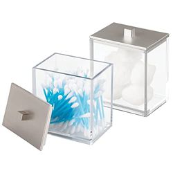 mDesign Lot de 2 distributeurs de coton-tige avec couvercle pratique - Peut également être utilisé comme rangement cosmétique - Transparent/brossé