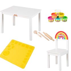 roba x Play-Doh Zithoek Set - Kindertafel + kinderstoel - FSC-gecertificeerde speelset met 6 potjes klei, 3 houten gereedschappen & grote 3D-creativiteitsmat - Ideaal cadeau vanaf 3 jaar