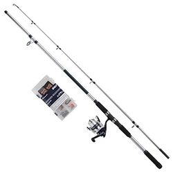 Shakespeare Salt Seabass Searcher Ensemble Canne à pêche et Moulinet avec étui Rigide, leurres et matériel de pêche côtière, Bar de mer, Bleu et Blanc, 2,70 m, 40-80 g