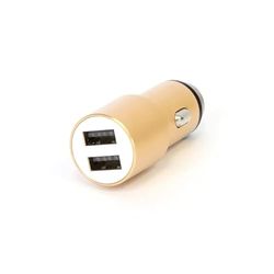 Caricabatteria da auto tipo accendino, metallo, 2 x USB, 5 V, 2,1 A, colore oro, ideale per la ricarica di dispositivi mobili e accessori in viaggio.