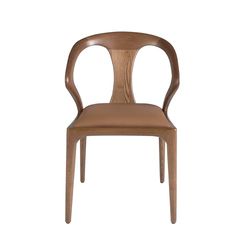 Silla tapizada en polipiel color marrón y respaldo de madera en color nogal con estructura de patas de madera en color nogal.
