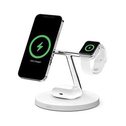 Belkin WIZ017vfWH- MagSafe 3-in-1 draadloze lader, 15W-snellader voor iPhone, Apple Watch, AirPods-laadstation, draadloze oplader voor iPhone 14/14 Plus, 13, Pro, Max, Mini, Apple Watch, AirPods - Wit