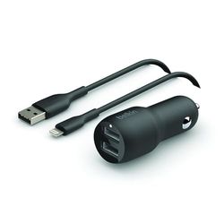 Belkin Chargeur de voiture à deux ports USB (24 W) avec câble Lightning (chargeur de voiture Boost Charge, chargeur de voiture à 2 ports USB ; chargeur de voiture pour iPhone, iPad et AirPods)
