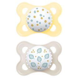 MAM Chupeta, 2-6 meses, com étina simétrica, plana e flexível de silicone Skin Soft Silicone de fácil aceitação, com caixa autoesterilizadora, MAM original, neutro brilhante, pack de 2 unidades
