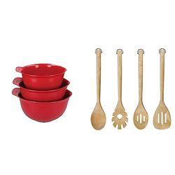 Bundle of KitchenAid 3pc Nesting Mixing Bowl Set - Empire Red + KitchenAid 4pc Birchwood Tool Set