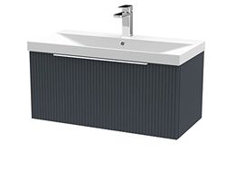 Hudson Reed DFF1496D Fluted Modern Bathroom Wall Hung 1 Drawer Vanity Basin Unit with Thin-Edge Ceramic Basin, 800mm, Soft Black