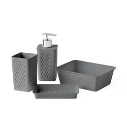 TATAY Set di 4 accessori da bagno (bicchiere + dispenser di sapone + portasapone + organizer A6) Bohol, polipropilene, senza BPA, 100% plastica riciclata, grigio antracite