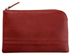 RHODIA 116527C - Faux Leather Zipped Pouch - Burgundy - Size S (11x17 cm) - Real Stitching - Orange Fabric Interior - Storage for Documents, Small Supplies