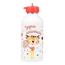 Gourde enfant Acier inoxydable DRAEGER PARIS - Facile à nettoyer - gourde réutilisable - Idéale pour parc, école - Contenance 300ml - 17 cm x 6,5 cm - Blanc - Message inscrit : Joyeux Anniversaire