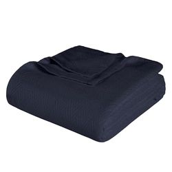 SUPERIOR 100% Cotton Thermal Blanket - All-Season Oversized Throw, Woven Blanket with Herringbone Weave Pattern, Navy Blue, Full/Queen Size