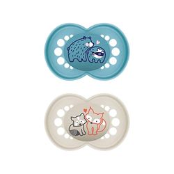 MAM Lot de 2 tétines originales en latex pour bébé de 6 à 16 mois, en matériaux durables, bio-renouvelables, avec tétine symétrique et orthodontique, 6 à 16 mois, motif : ours, renard