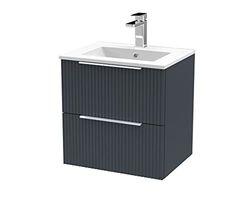 Hudson Reed DFF1492B Fluted Modern Bathroom Wall Hung 2 Drawer Vanity Basin Unit with Minimalist Ceramic Basin, 500mm, Soft Black
