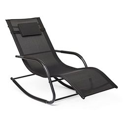 Mondeer Fauteuil à Bascule de Jardin Chaise Longue Bain de Soleil Chaise en Aluminium Chaise Longue avec Appuie Tête et Poche latérale pour Jardin et Piscine, Coussin Charge Max: 160 kg Noir