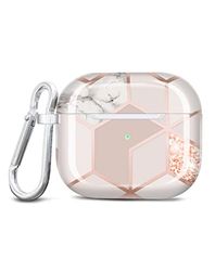 JAHOLAN Kompatibel med AirPods 3-fodral, stöttåligt silikonhörlurar, fodral, skyddsfodral med karbinhake, kompatibel med AirPods 3 generation, marmor roséguld